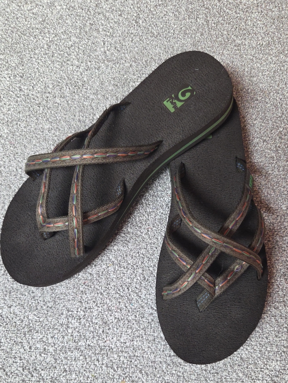 Teva Brown Strappy Flip Flops with Multicolor Stitching Sz 10